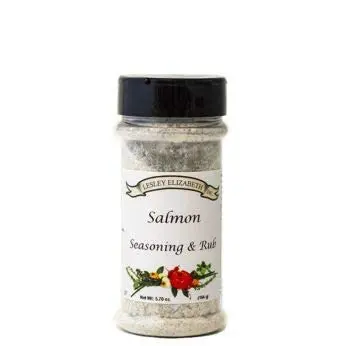 A jar of Salmon Grilling Rub and salt.