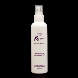 A bottle of BOBOS Remi Wig & Weave Detangle Spray 6.76 oz on a black background.