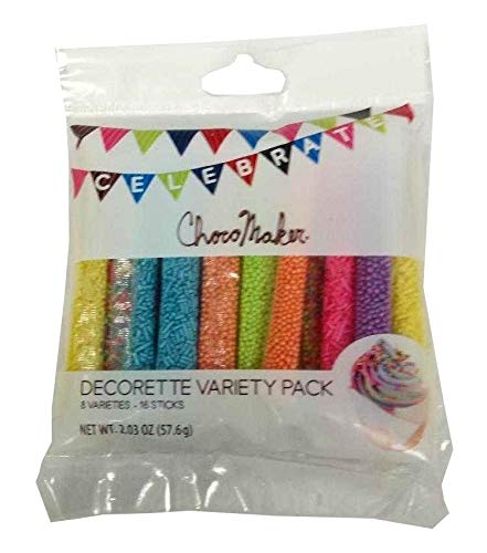 A package of ChocoMaker Sprinkles Variety Pack - Celebration Mix - 8 varieties/16 sticks in a bag.