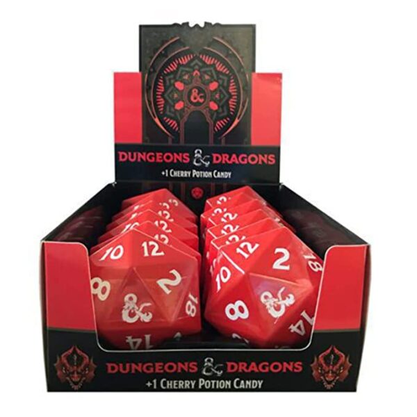 Dungeons & Dragons D&D DND D20 +1 Potion Sour Candy Collectible Tin - One (1) Tin - Sour Cherry Flavor red dice set in a box.