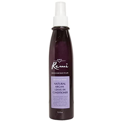 A bottle of Bobos Remi Moroccan Argan Leave-In Conditioner 7.5oz lavender hair conditioner.