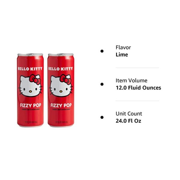 Hello Kitty Fizzy Pop Soda 12 Fl. Oz Pack Of 2! Lime And Sweet Cherry Flavored Soda! Non Caffeinated Flavored Drink! Fruity And Refreshing Japanese Soda cans are shown next to each other.