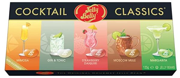 A Jelly Belly Cocktail Classics 5-Flavor Gift Box NET WT 4.25 OZ (120g) is shown.