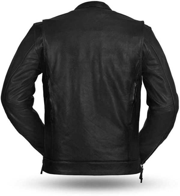 The back view of a First Mfg Co - Raider - Men’s Motorcycle Leather Jacket | Leather Jacket for Men.