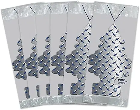 A set of Little Trees Car Air Freshener 6-Pack (Pure Steel) on a white background.