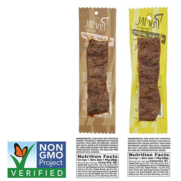 A package of Primal Spirit Vegan Jerky - Soy Protein Energy Pack, 10 g. Plant Based Protein, Certified Non-GMO, No Preservatives, Sports Friendly Packaging The Classics Hickory Smoked and Texas BBQ (24-Pack, 1 oz) and a package of Primal Spirit Vegan Jerky - Soy Protein Energy Pack, 10 g. Plant Based Protein, Certified Non-GMO, No Preservatives, Sports Friendly Packaging The Classics Hickory Smoked and Texas BBQ (24-Pack, 1 oz).