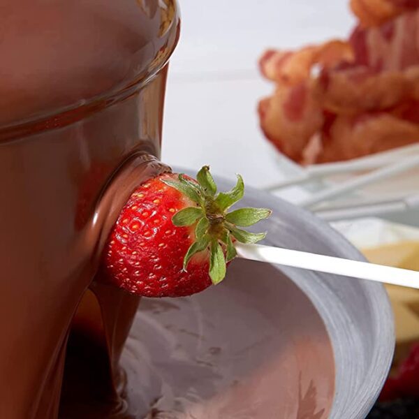 ChocoMaker Milk Chocolate Microwavable Fondue and Fountain Dipping Candy - 2 Pound Bag fondue fountain with bacon and strawberries.