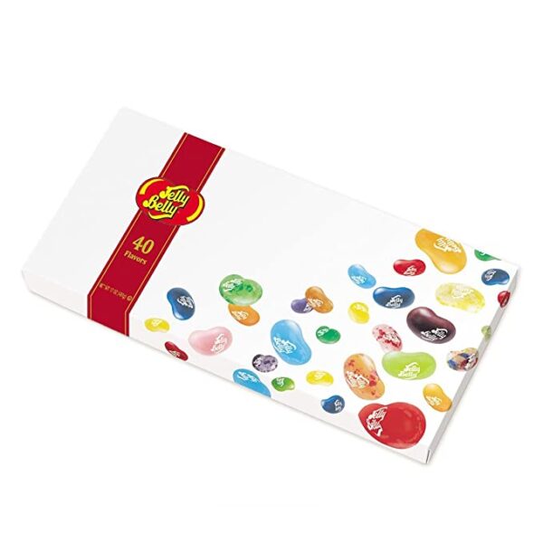 A Jelly Belly Beananza 40-Flavor Jelly Bean Gift Box - Over 1 Pound of Candy - Genuine, Official, Straight from the Source on a white surface.