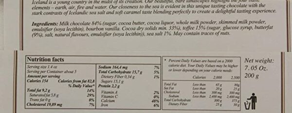 The back of a nutrition label for NOI SIRIUS Chocolate 33Pct Toffee, 7.05 OZ.