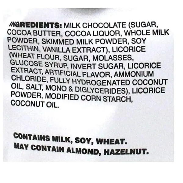 A label showing the ingredients of Noi Sirius - Chocolate and Liquorice Powder Balls, 4.4oz.