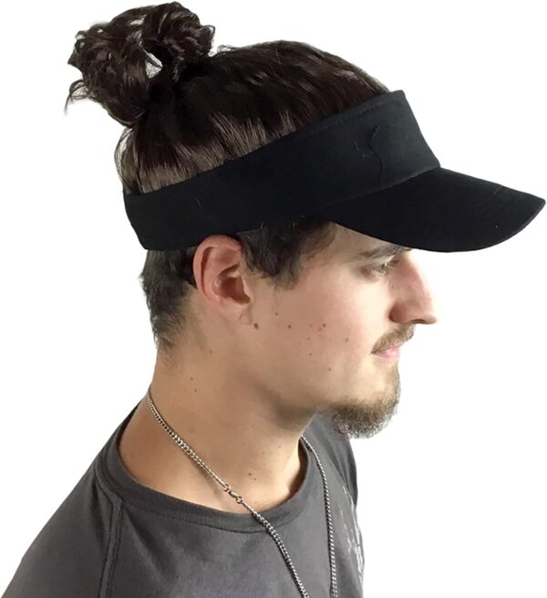 A man wearing a Billy-Bob Man Bun Visor, The World's First Man Bun Visor! Brown Hair!, Black, One Size with a ponytail.