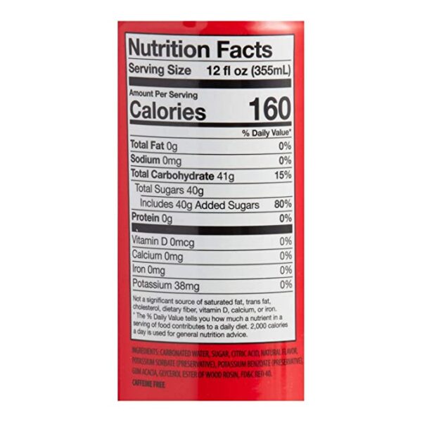 A label showing the nutritional facts of Hello Kitty Fizzy Pop Soda 12 Fl. Oz Pack Of 2! Lime And Sweet Cherry Flavored Soda! Non Caffeinated Flavored Drink! Fruity And Refreshing Japanese Soda!.