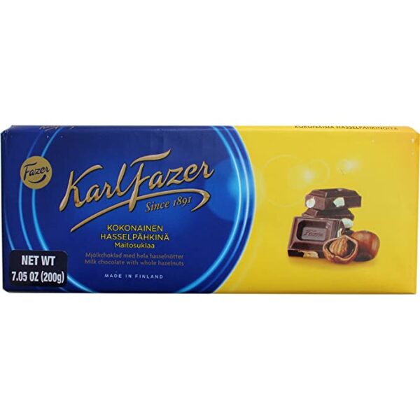 A box of Karl Fazer Milk Chocolate with Whole Hazelnuts (7.05oz/200g) on a white background.