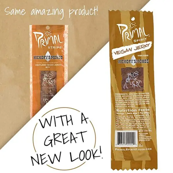 A package of Primal Spirit Vegan Jerky – “Classic Flavor” – Hickory Smoked, 10 g. Plant Based Protein per oz., Certified Non-GMO, No Preservatives, Sports Friendly Packaging (18 Pack, 1 oz. ea.) with a new look.