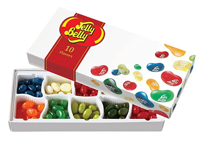 A box of Jelly Belly Jelly Beans Beananza Gift Box, 10 Flavors, 4.25-oz in a white box.