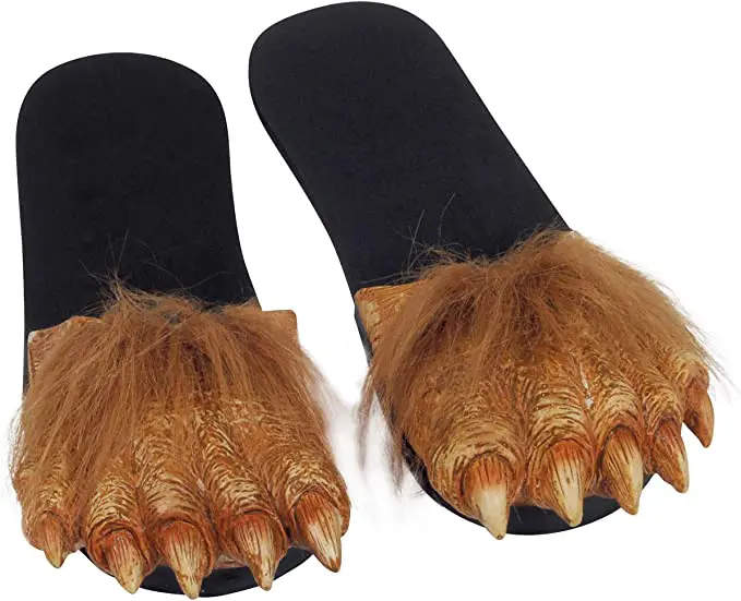 A pair of Billy Bob Hairy Werewolf Costume Feet Toy with animal claws on them.