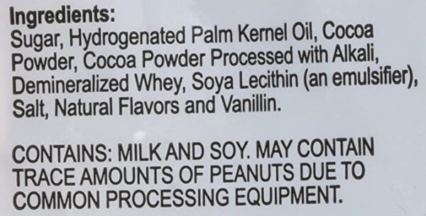 The label on the back of a package of ChocoMaker Dark Chocolate Flavored Fountain Formula Dipping Candy, 32 Oz (2 lbs Bag).