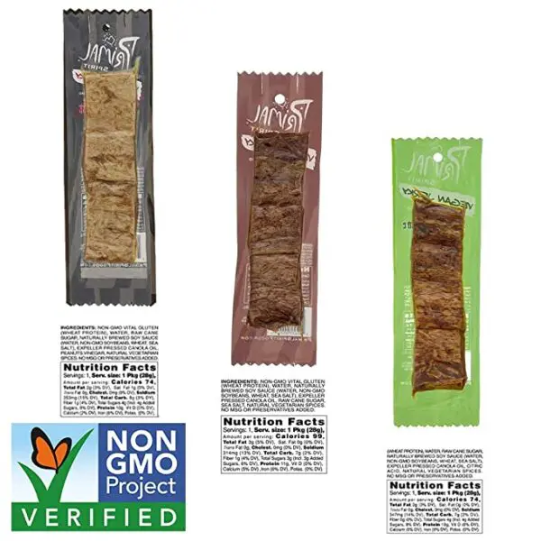 Four packages of Primal Spirit Vegan Jerky - Seitan Power Pack, 10 g. Plant Based Protein, Certified Non-GMO, No Preservatives ("The Classics" Teriyaki, Thai Peanut, and Mesquite Lime, 12-Pack, 1 oz) treats are shown.