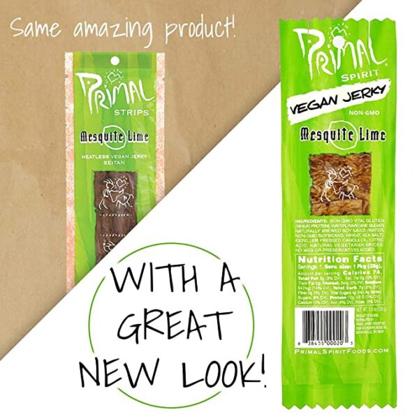 A package of Primal Spirit Vegan Jerky – “Classic Flavor” – Mesquite Lime, 10 g. Plant Based Protein, Certified Non-GMO, No Preservatives, Sports Friendly Packaging (12 Pack, 1 oz) with a great new look.