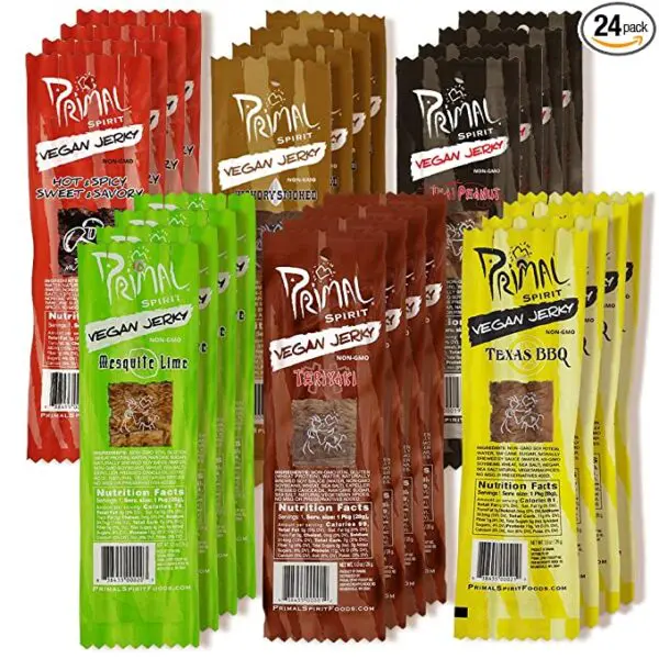 A pack of Primal Spirit Vegan Jerky - Our Sampler Pack, 10g. Plant Based Protein, Certified Non-GMO ("The Classics" Thai Peanut, Mesquite Lime, Teriyaki, Hot & Spicy, Hickory Smoked, & Texas BBQ snack bars.