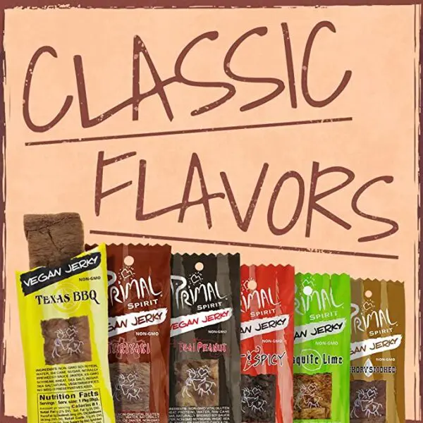 A variety of flavors with the Primal Spirit Vegan Jerky – “Classic Flavor” – Texas BBQ, 10 g. Plant Based Protein, Certified Non-GMO, No Preservatives, Sports Friendly Packaging (24 Pack, 1 oz).