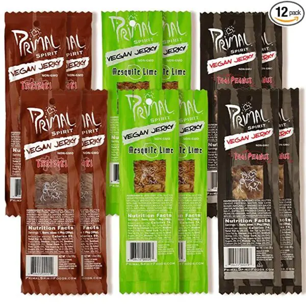 A pack of twelve different types of Primal Spirit Vegan Jerky - Seitan Power Pack.