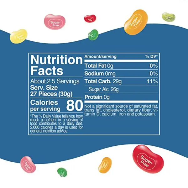 A nutrition label for Sugar-Free Jelly Belly Jelly Beans - Genuine, Official, Straight from the Source, 2.8 Ounce (Pack of 12) on a blue background.