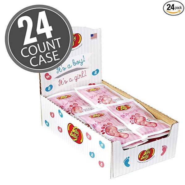 A box of Jelly Belly Presents "It's a GIRL" Bubble Gum Flavored JellyBeans with 24 bag case.