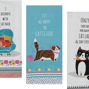 Three 3 Cat Themed Decorative Cotton Kitchen Towels with Sayings Set | 1 Flour Sack, 2 Tea Towels for Dish and Hand Drying | by Kay Dee Designs with cats on them.