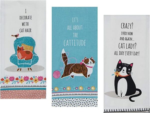 Three 3 Cat Themed Decorative Cotton Kitchen Towels with Sayings Set | 1 Flour Sack, 2 Tea Towels for Dish and Hand Drying | by Kay Dee Designs with cats on them.