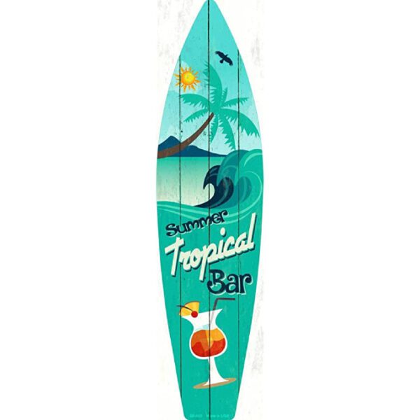 A Tropical Bar Metal Novelty Surf Board Sign SB-020 with the words tropical bar on it.