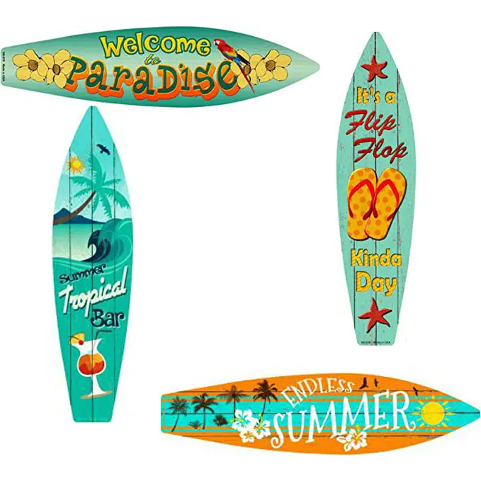 A bundle of Home Decor Metal Surfboard Beach Signs with different signs on them.