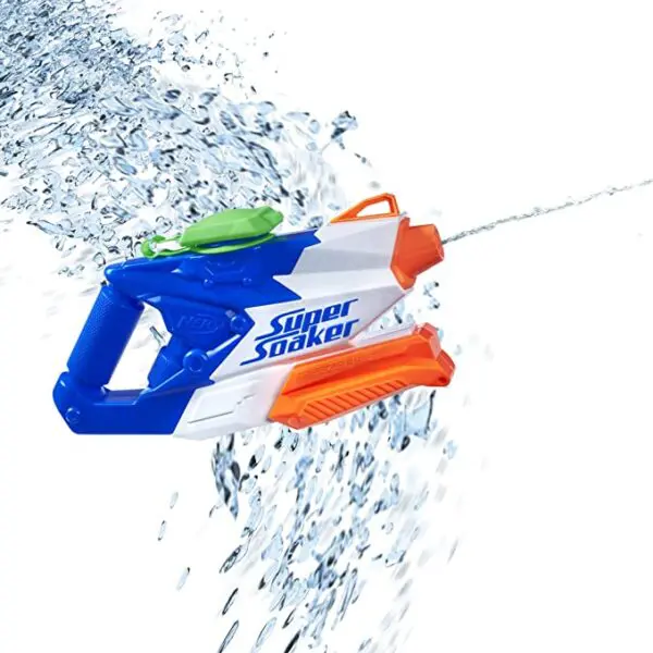 A Nerf Super Soaker FreezeFire 2.0 is being sprayed with water.