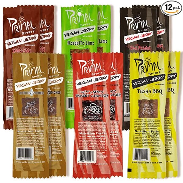 A variety of Primal Spirit Vegan Jerky - Our Sampler Pack, 10g. Plant Based Protein, Certified Non-GMO ("The Classics" Thai Peanut, Mesquite Lime, Teriyaki, Hot & Spicy, Hickory Smoked, & Texas BBQ) on a white background.