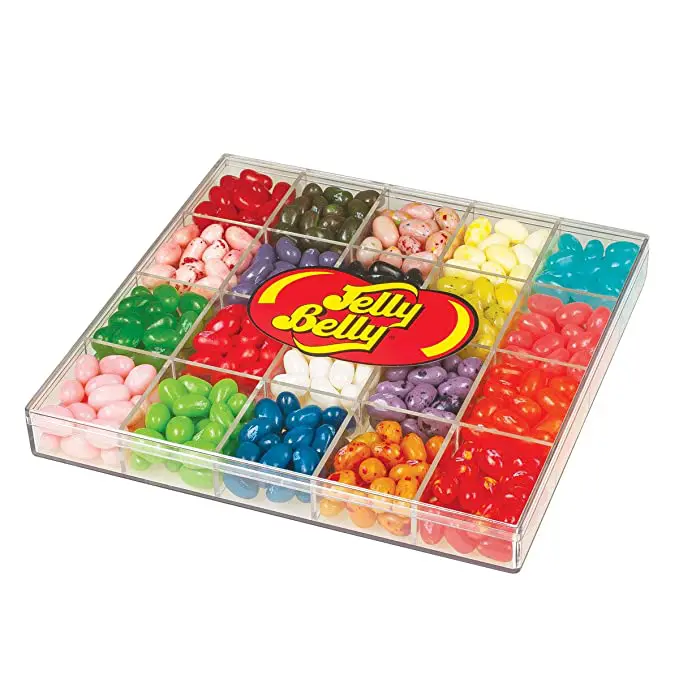 A Jelly Belly 20-Flavor Clear Gift Box - Genuine, Official, Straight from the Source with a variety of jelly beans.