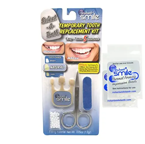 A package with an Instant Smile Temporary Tooth Replacement Kit - Natural Shade, with Extra Thermal Fitting Beads and a pair of scissors.