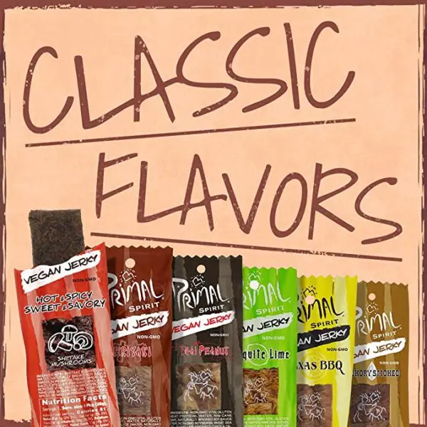 A variety of flavors with the Primal Spirit Vegan Jerky "SHIITAKE MUSHROOM" – "Classic Flavor" – Hot & Spicy-Sweet & Savory, 10 g. Plant Based Protein, Certified Non-GMO, No Preservatives, Sports Friendly Packaging (24 Pack, 1 oz).