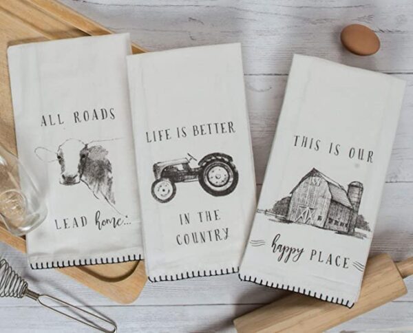 Three Kay Dee Designs Farmers Market Assorted Set Flour Sack Towels, Set of 3 with the words 'all good things come from the country'.