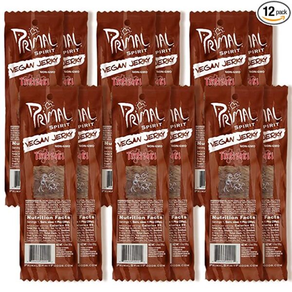 A pack of 12 Primal Spirit Vegan Jerky - “Classic Flavor” – Teriyaki, 10 g. Plant Based Protein, Certified Non-GMO, No Preservatives, Sports Friendly Packaging on a white background.