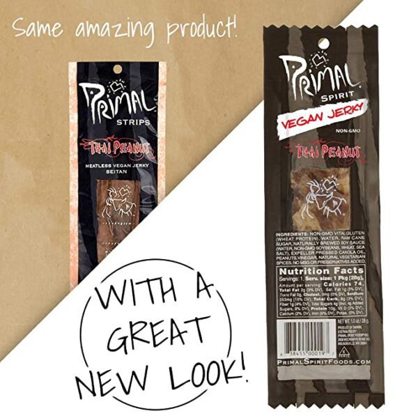 A package of Primal Spirit Vegan Jerky – “Classic Flavor” – Thai Peanut, 10 g. Plant Based Protein, Certified Non-GMO, No Preservatives, Sports Friendly Packaging (12 Pack, 1 oz.) with a great new look.