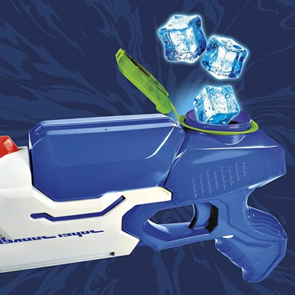 A Nerf Super Soaker FreezeFire 2.0 water gun with ice cubes on it.