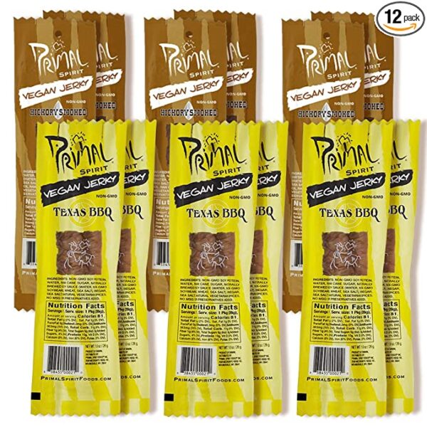 A Primal Spirit Vegan Jerky - Soy Protein Energy Pack, 10 g. Plant Based Protein, Certified Non-GMO, No Preservatives, Sports Friendly Packaging The Classics Hickory Smoked and Texas BBQ on a white background.