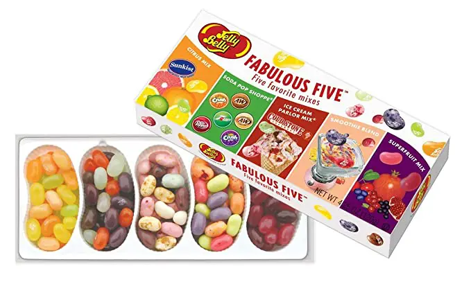 A Jelly Belly Fabulous Five Jelly Bean Gift Box - 4.25 oz - Official, Genuine, Straight from the Source with a Jelly Belly Fabulous Five Jelly Bean Gift Box - 4.25 oz - Official, Genuine, Straight from the Source.