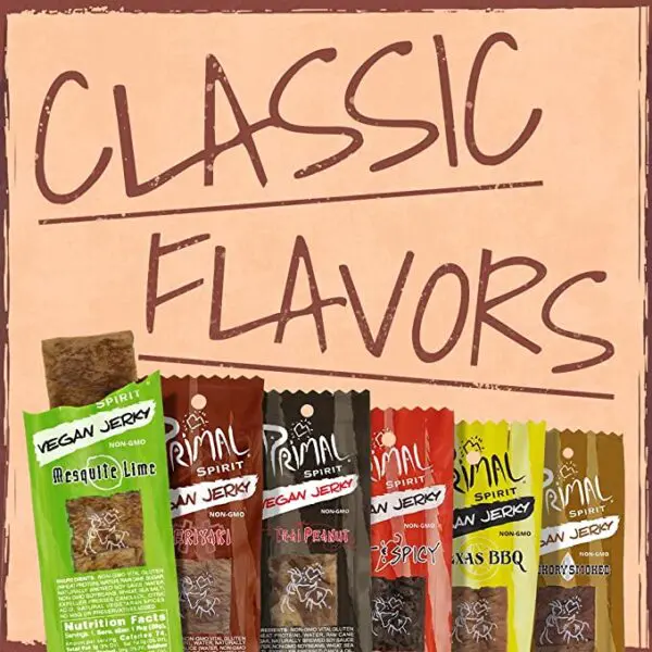 A variety of Primal Spirit Vegan Jerky – “Classic Flavor” – Mesquite Lime, 10 g. Plant Based Protein, Certified Non-GMO, No Preservatives, Sports Friendly Packaging (24 Pack, 1 oz) with the words classic flavors.