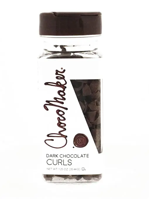 A jar of ChocoMaker Inc. Dark Chocolate Curls, 1.25 Ounce on a white background.