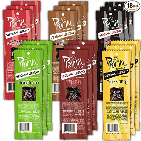 A variety of different flavors of Primal Spirit Vegan Jerky - Sampler Pack, 10g. Plant Based Protein, Certified Non-GMO ("Classics" Thai Peanut, Mesquite Lime, Teriyaki, Hot & Spicy, Hickory Smoked, & Texas BBQ) in a package.