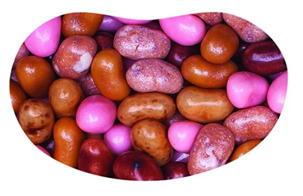 A pile of Jelly Belly Candy 64787 4.25oz KK Gift Box 4.25 oz 5 Flavors Krispy Kreme, Multi-colored on a white background.