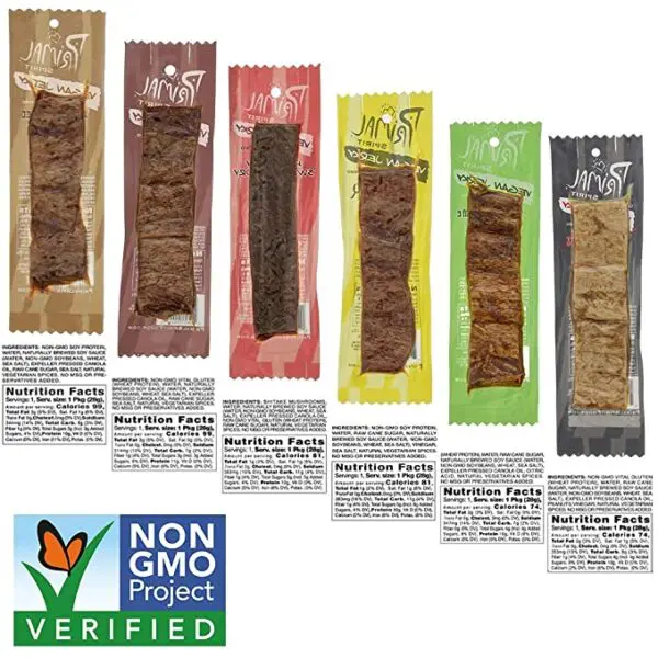 Primal Spirit Vegan Jerky - Our Sampler Pack, 10g. Plant Based Protein, Certified Non-GMO ("The Classics" Thai Peanut, Mesquite Lime, Teriyaki, Hot & Spicy, Hickory Smoked,& Texas BBQ, 24-Pack 1 oz) dog treats in a variety of colors.