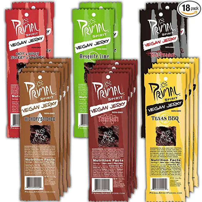 A pack of Primal Spirit Vegan Jerky - Most Popular Flavors Pack, 10 g. Plant Based Protein, "Classics" 4 Teriyaki, 4 Hickory Smoked, 4 Texas BBQ, 2 Thai Peanut, 2 Hot & Spicy, 2 Mesquite Lime.