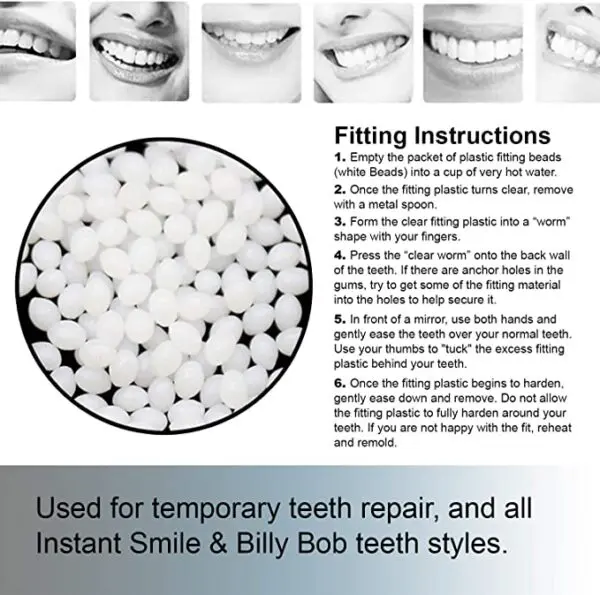 Temporary tooth filling instructions for 12 Packages of Instant Smile Billy Bob Replacement Thermal Adhesive Fitting Beads for Fake Teeth.